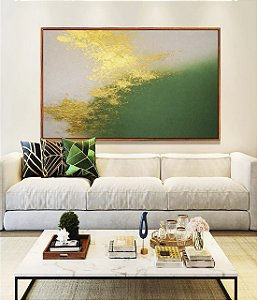 Quadro Horizontal Abstrato Branco Verde Esmeralda e Dourado Canvas Moldura