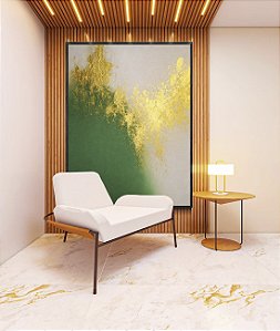 Quadro Vertical Abstrato Branco Verde Esmeralda e Dourado Canvas Moldura