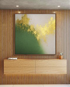 Quadro Quadrado Abstrato Branco Verde Esmeralda e Dourado Canvas Moldura