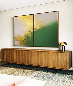 Duo de Quadros Abstrato Branco Verde Esmeralda e Dourado Canvas Moldura