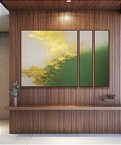 Trio de Quadros Estilizados Abstrato Branco Verde Esmeralda e Dourado Canvas Moldura