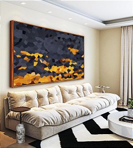 Quadro Horizontal Abstrato Mosaico Cinza Chumbo Amarelo Dourado Canvas Moldura