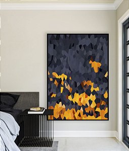 Quadro Vertical Abstrato Mosaico Cinza Chumbo Amarelo Dourado Canvas Moldura