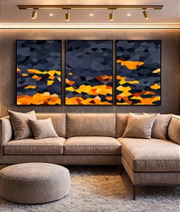 Trio de Quadros Abstrato Mosaico Cinza Chumbo Amarelo Dourado Canvas Moldura