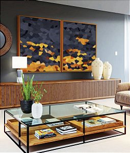 Duo de Quadros Abstrato Mosaico Cinza Chumbo Amarelo Dourado Canvas Moldura