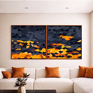 Duo de Quadros Quadrados Abstrato Mosaico Cinza Chumbo Amarelo Dourado Canvas Moldura