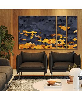 Trio de Quadros Estilizados Abstrato Mosaico Cinza Chumbo Amarelo Dourado Canvas Moldura