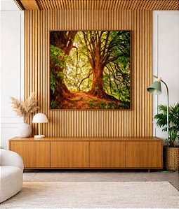 Quadro Quadrado Árvores Iluminadas Douradas Floresta Paisagem Natureza Canvas Moldura