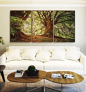Trio de Quadros Árvores Iluminadas Douradas Floresta Paisagem Natureza Canvas Moldura
