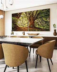 Duo de Quadros Quadrados Árvores Iluminadas Douradas Floresta Paisagem Natureza Canvas Moldura