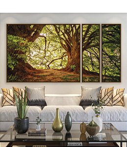 Trio de Quadros Estilizados Árvores Iluminadas Douradas Floresta Paisagem Natureza Canvas Moldura