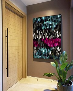 Quadro Vertical Abstrato Mosaico Cinza Turquesa Rosa Intenso Canvas Moldura