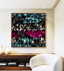 Quadro Quadrado Abstrato Mosaico Cinza Turquesa Rosa Intenso Canvas Moldura