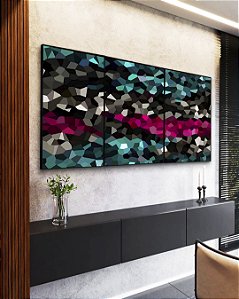 Trio de Quadros Abstrato Mosaico Cinza Turquesa Rosa Intenso Canvas Moldura