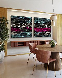 Duo de Quadros Quadrados Abstrato Mosaico Cinza Turquesa Rosa Intenso Canvas Moldura