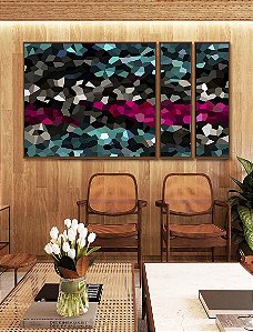 Trio de Quadros Estilizados Abstrato Mosaico Cinza Turquesa Rosa Intenso Canvas Moldura