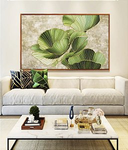 Quadro Horizontal Folhas Verdes Dourado Textura Abstrata Natureza Canvas Moldura