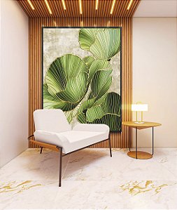 Quadro Vertical Folhas Verdes Dourado Textura Abstrata Natureza Canvas Moldura