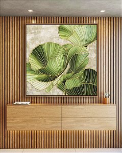 Quadro Quadrado Folhas Verdes Dourado Textura Abstrata Natureza Canvas Moldura