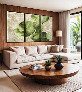 Trio de Quadros Folhas Verdes Dourado Textura Abstrata Natureza Canvas Moldura