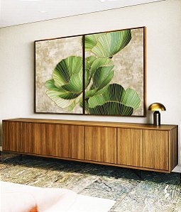Duo de Quadros Folhas Verdes Dourado Textura Abstrata Natureza Canvas Moldura