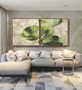 Duo de Quadros Quadrados Folhas Verdes Dourado Textura Abstrata Natureza Canvas Moldura