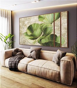 Trio de Quadros Estilizados Folhas Verdes Dourado Textura Abstrata Natureza Canvas Moldura