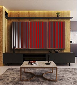 Trio de Quadros Abstrato Listras Vermelho Carmim Cinza Prateado Canvas Moldura