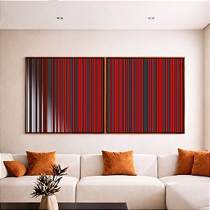 Duo de Quadros Quadrados Abstrato Listras Vermelho Carmim Cinza Prateado Canvas Moldura