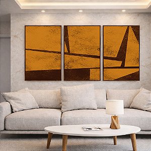 Trio de Quadros Abstrato Geométrico Minimalista Textura Ocre Marrom Canvas Moldura