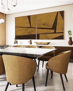 Duo de Quadros Quadrados Abstrato Geométrico Minimalista Textura Ocre Marrom Canvas Moldura