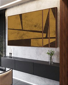 Trio de Quadros Estilizados Abstrato Geométrico Minimalista Textura Ocre Marrom Canvas Moldura