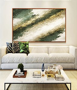 Quadro Horizontal Abstrato Tons de Verde Esmeralda e Dourado Canvas Moldura