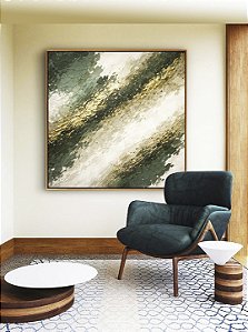 Quadro Quadrado Abstrato Tons de Verde Esmeralda e Dourado Canvas Moldura