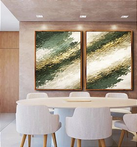 Duo de Quadros Abstrato Tons de Verde Esmeralda e Dourado Canvas Moldura