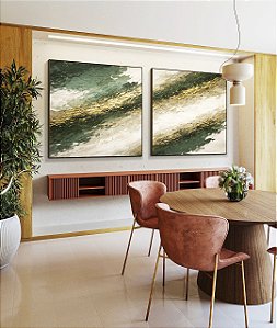 Duo de Quadros Quadrados Abstrato Tons de Verde Esmeralda e Dourado Canvas Moldura