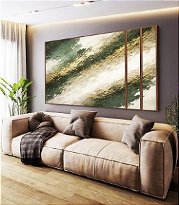 Trio de Quadros Estilizados Abstrato Tons de Verde Esmeralda e Dourado Canvas Moldura
