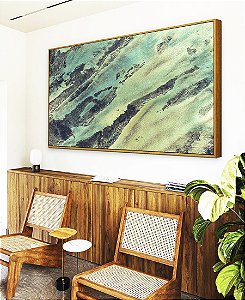 Quadro Horizontal Abstrato Verde Azul Turquesa Cinza Textura Natural Canvas Moldura