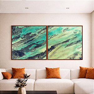 Duo de Quadros Quadrados Abstrato Verde Azul Turquesa Cinza Textura Natural Canvas Moldura