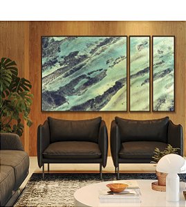 Trio de Quadros Estilizados Abstrato Verde Azul Turquesa Cinza Textura Natural Canvas Moldura