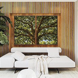 Duo de Quadros Árvore Iluminada Folhagem Verde Luz Natural Canvas Moldura