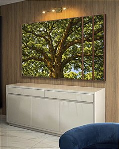 Trio de Quadros Estilizados Árvore Iluminada Folhagem Verde Luz Natural Canvas Moldura