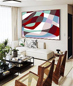 Quadro Horizontal Abstrato Mosaico Contornos Vermelho Turquesa Branco Canvas Moldura