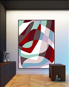 Quadro Vertical Abstrato Mosaico Contornos Vermelho Turquesa Branco Canvas Moldura