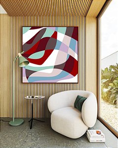 Quadro Quadrado Abstrato Mosaico Contornos Vermelho Turquesa Branco Canvas Moldura