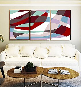 Trio de Quadros Abstrato Mosaico Contornos Vermelho Turquesa Branco Canvas Moldura