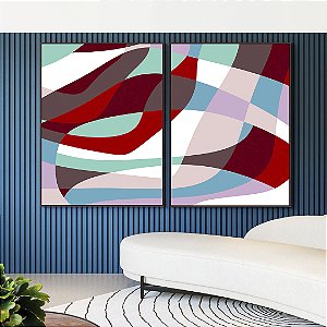 Duo de Quadros Abstrato Mosaico Contornos Vermelho Turquesa Branco Canvas Moldura