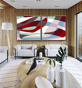 Duo de Quadros Quadrados Abstrato Mosaico Contornos Vermelho Turquesa Branco Canvas Moldura