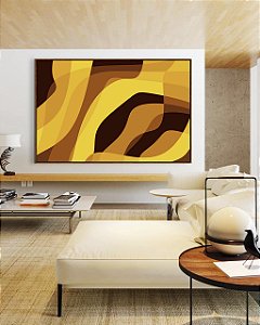 Quadro Horizontal Abstrato Mosaico Contornos Marrom Amarelo Ouro Canvas Moldura