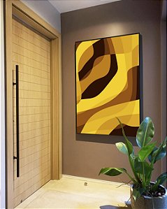 Quadro Vertical Abstrato Mosaico Contornos Marrom Amarelo Ouro Canvas Moldura